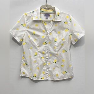 Laura Scott White Button Up Shirt with Lemon Accents Medium